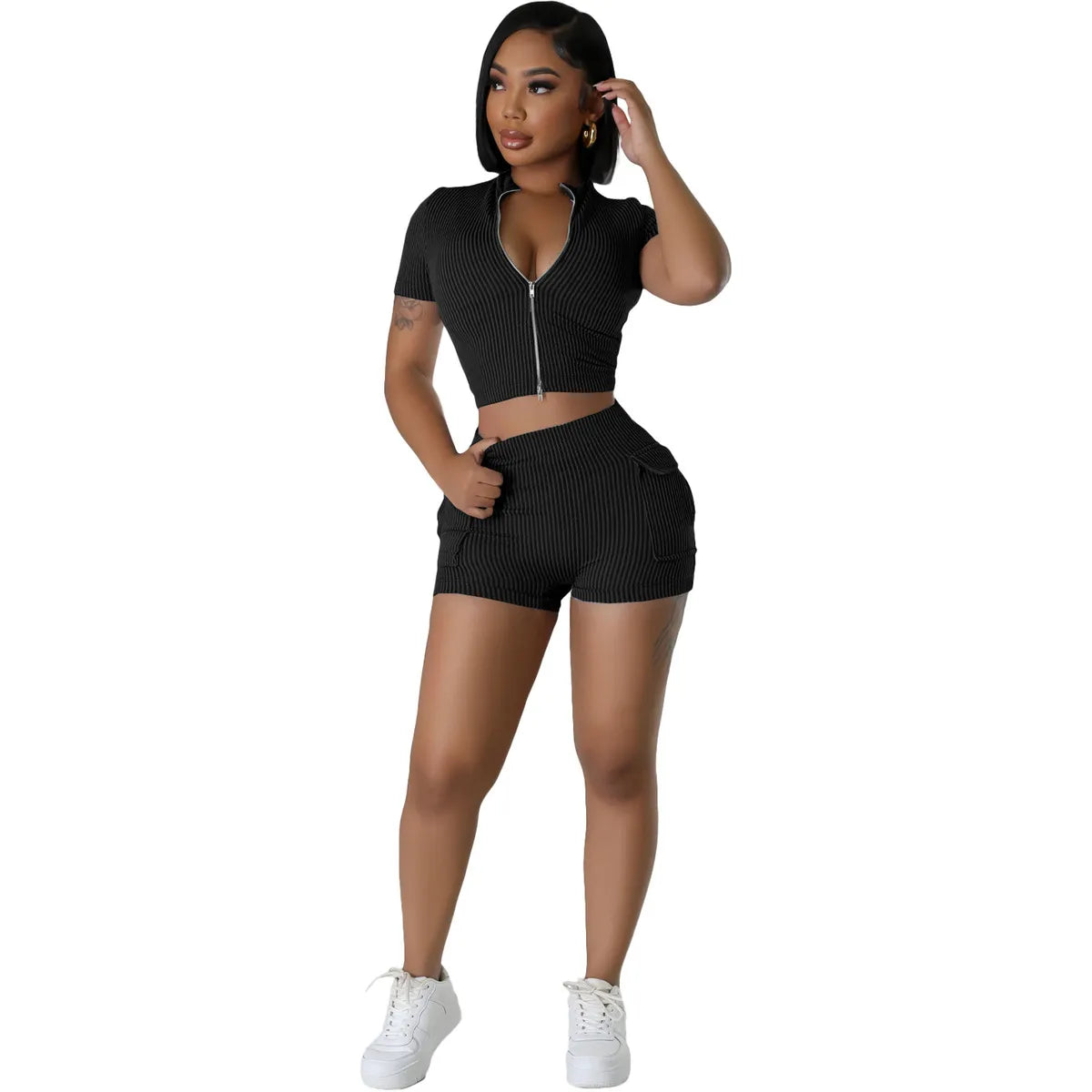 omen Fashion Casual Solid Color Stripe Zipper Short-Sleeve Top Tight Shorts Two-Piece Set