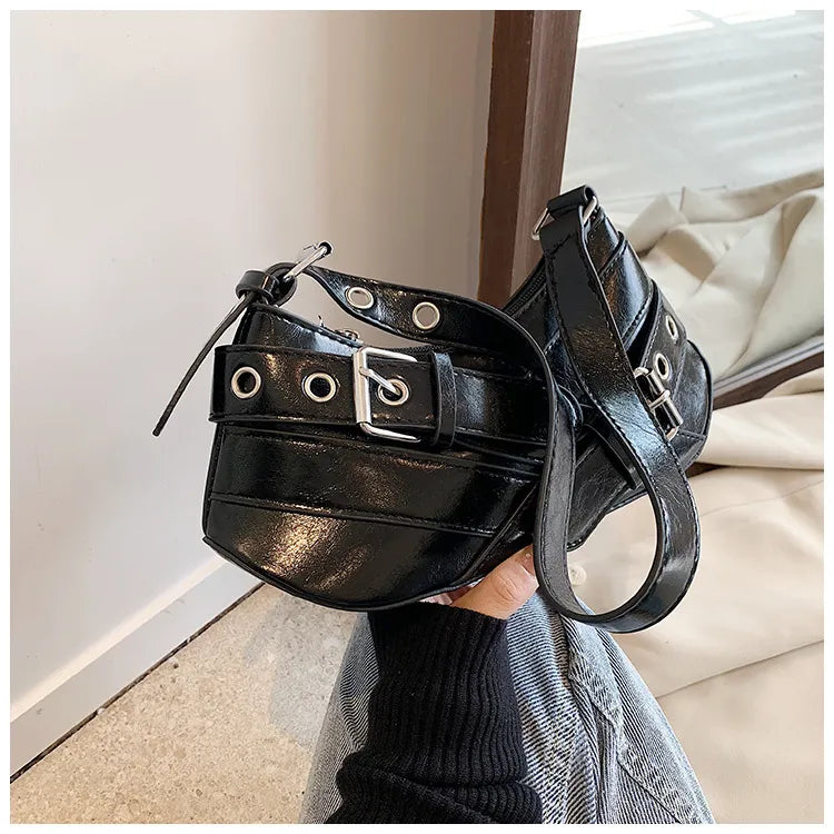 Women Fashion Casual Retro Solid Color Belt Baguette Shoulder Bag