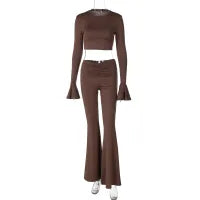 omen Fashion Solid Color Ruffled Long Sleeve Crop Top Pleated Slim Fit Pants Two-Piece Set