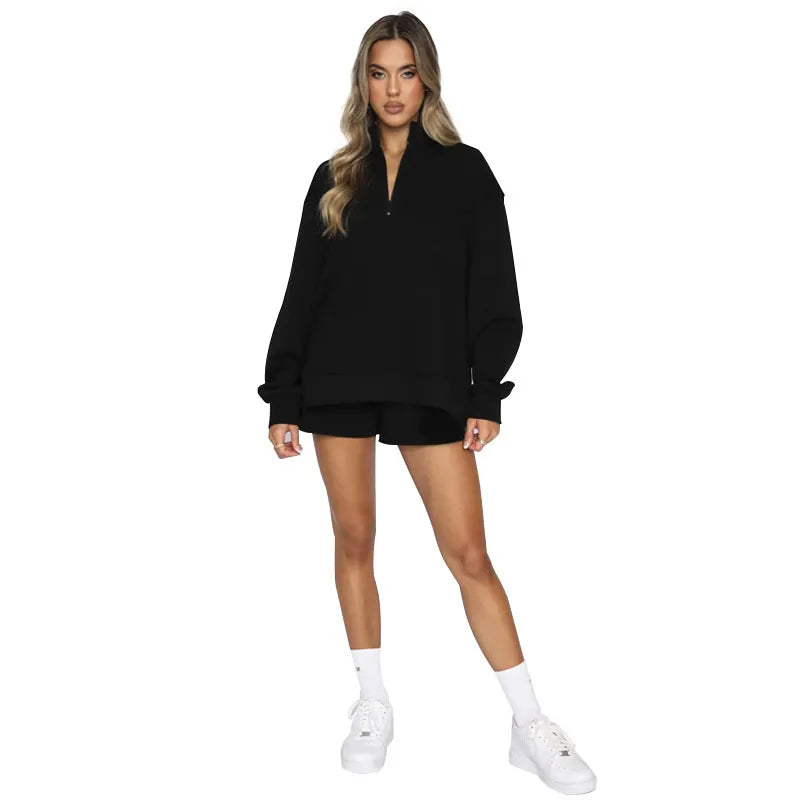 Women Casual Solid Color Stand Collar Half Zipper Long Sleeve Hoodie And Shorts Set