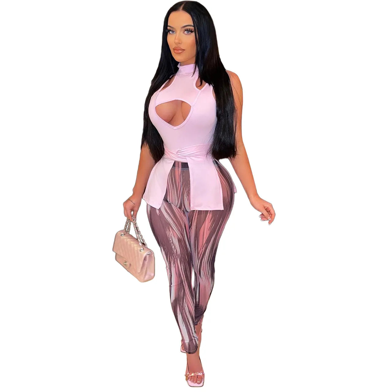 Summer Women Sexy Sleeveless Cut Out Irregular Hem Top And Tie Dye Skinny Pants Two Piece Set