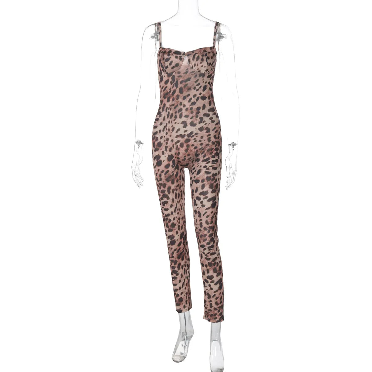 Women Fashion Sexy Leopard Printed Sleeveless High Waist Tight Jumpsuit