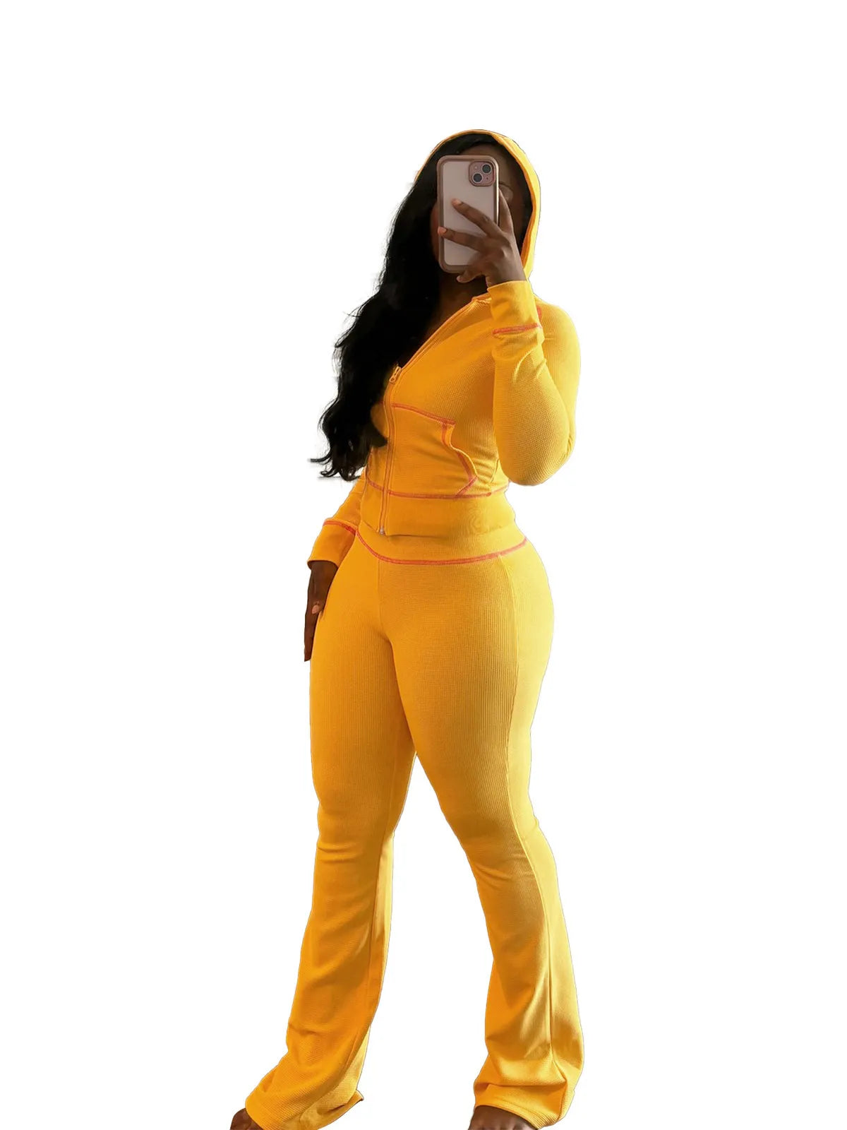 Women Fashion Casual Solid Color Long Sleeve Zipper Hooded Top Pants Two-Piece Set