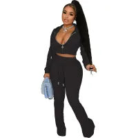 Wome Fashion Casual Solid Color Long Sleeve Zipper Hooded Top Pants Two-Piece Set