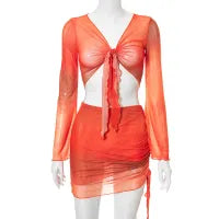 Women Fashion Sexy V-Neck Tie-Dye Print Long Sleeve Crop Top Mesh Skirt Two-Piece Set