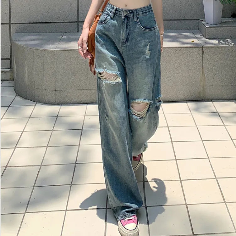 Retro Ripped Loose Wide-Leg Jeans