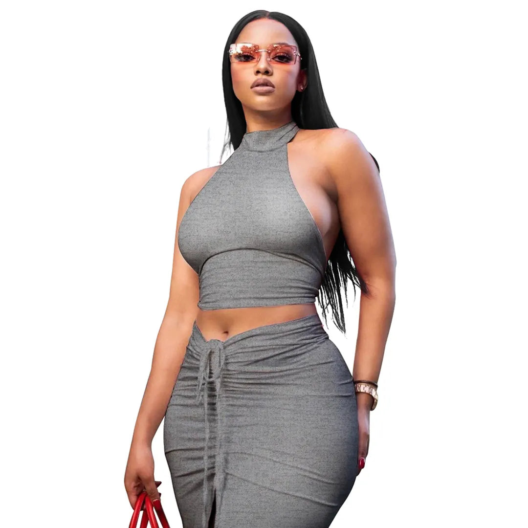 Women Sexy Solid Color Round Neck Backless Halter Top And Drawstring Skirt Set