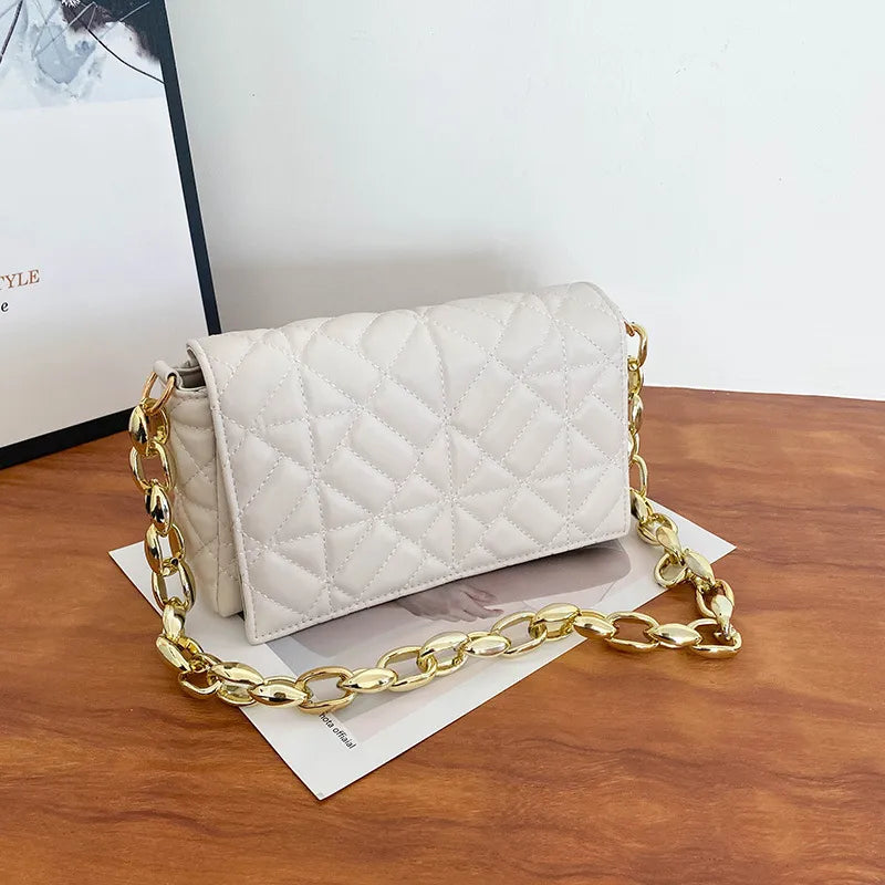 Women Fashion Chain Stitching Design Solid Color Plaid PU Shoulder Bag