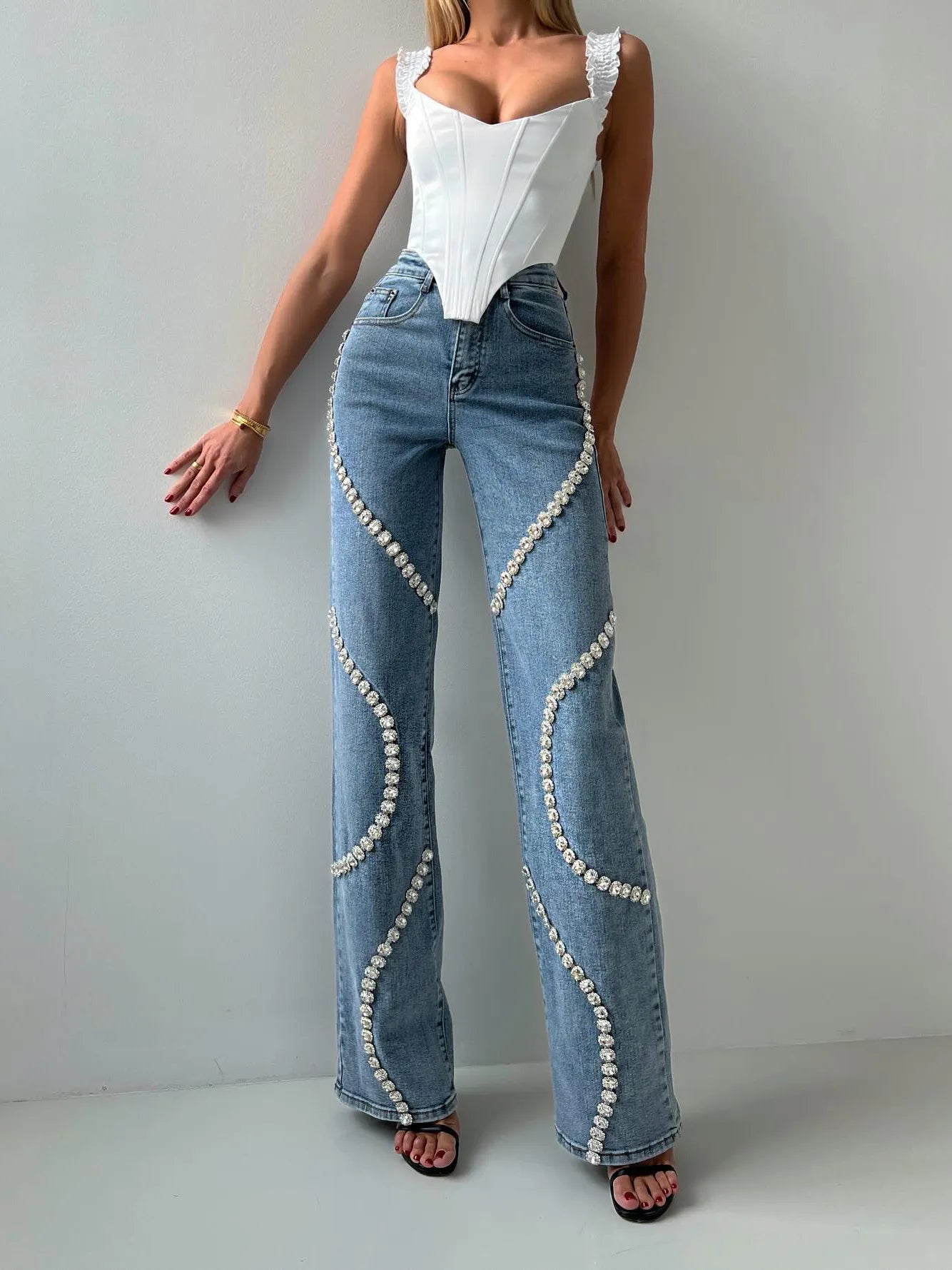 Design Rhinestone Straight Jeans