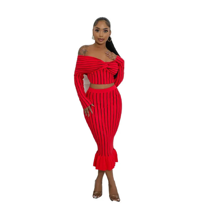 Women Stripe Off-Shoulder Long Sleeve Crop Top Ruffled Skirt Set