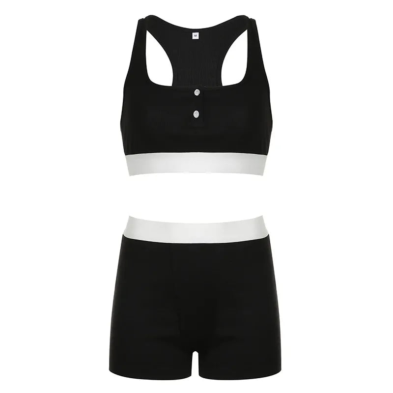 Casual Style Contrasting Color Sports Fashion Crop Tank Top High Waist Shorts Women Set