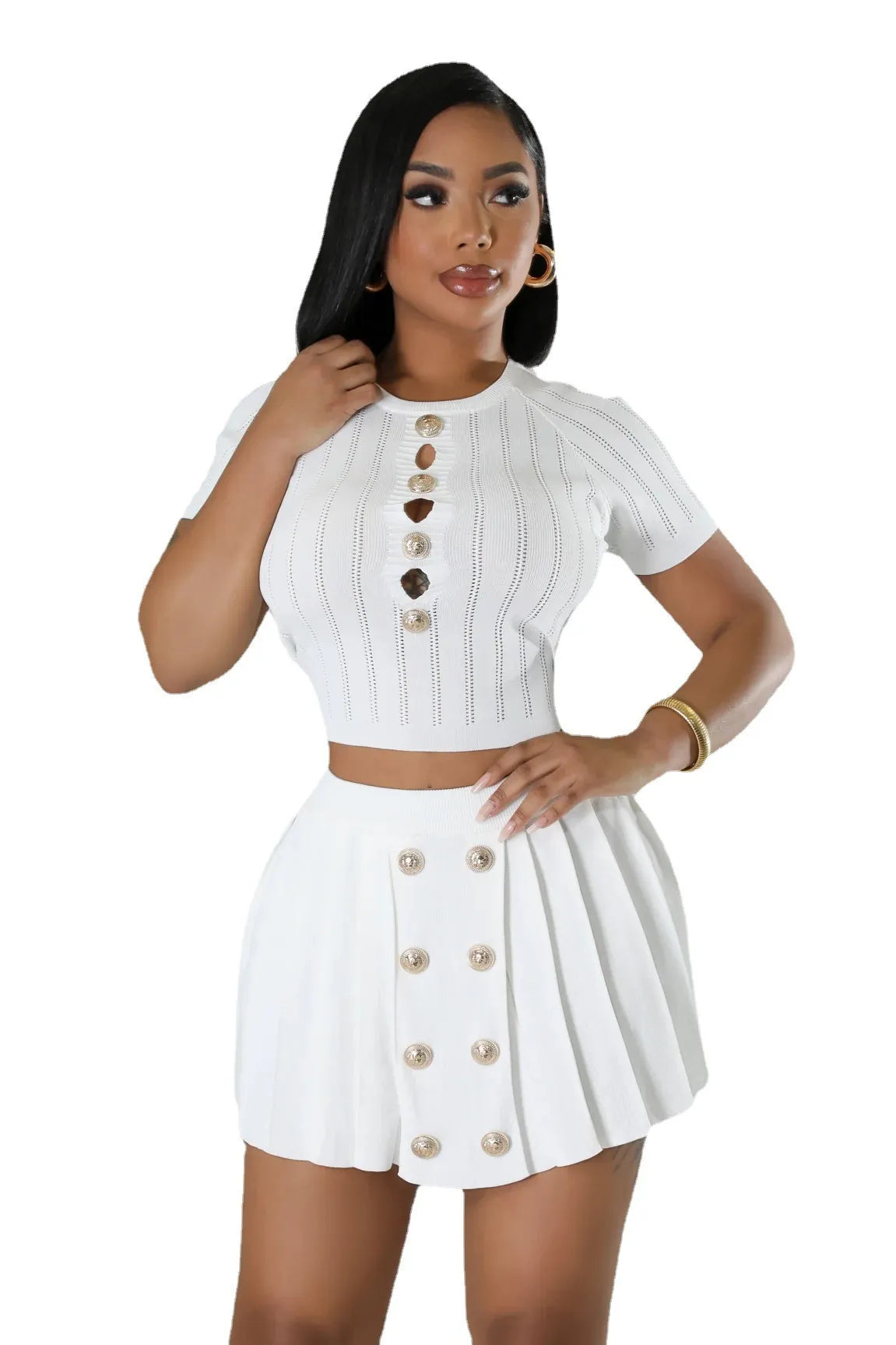 Women Fashion Casual Stretch Knitted Round Neck Short Sleeve Crop Top Skirt Two-Piece Set