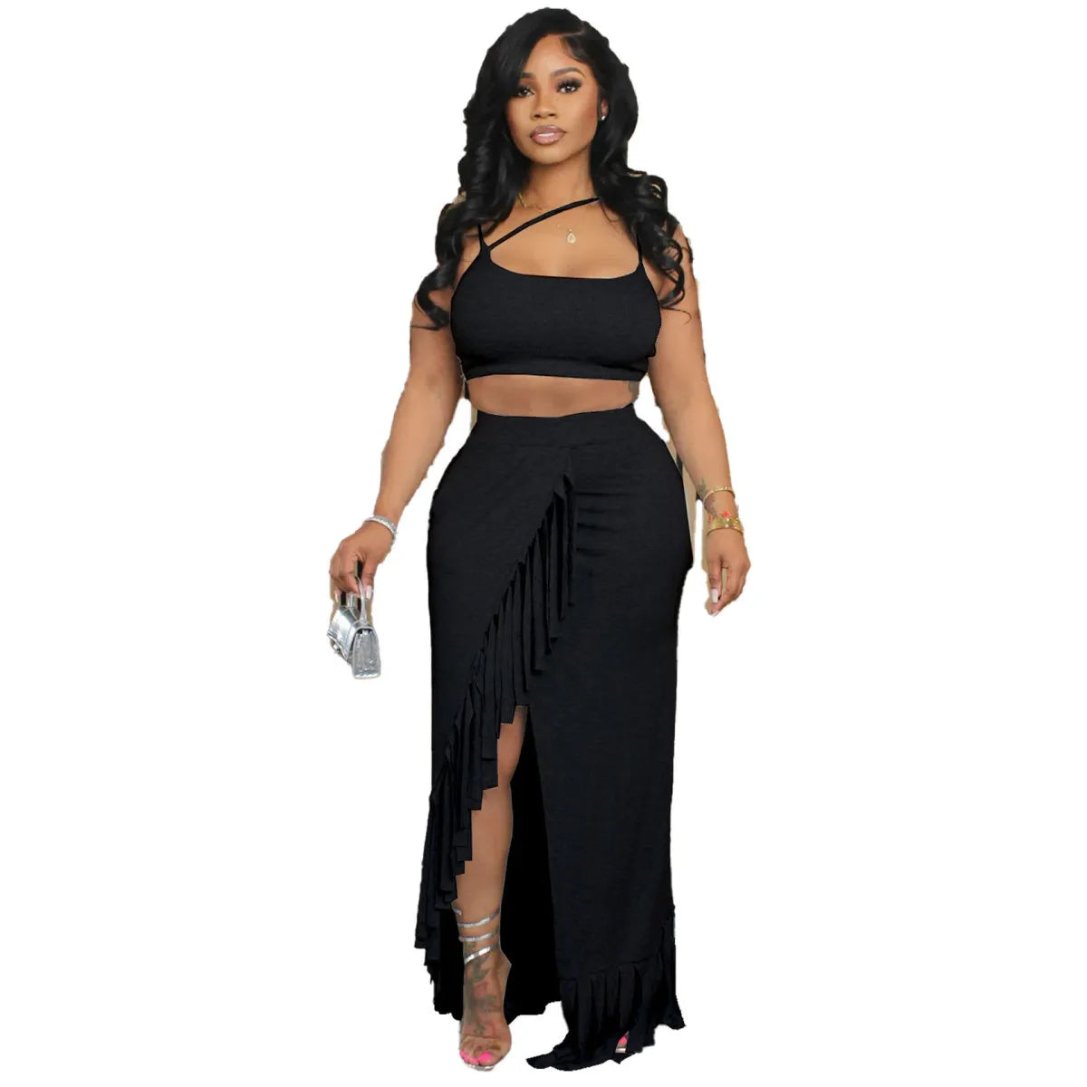 Women Fashion Sexy Solid Color Camisole Top Tassel Split Skirt Two-Piece Set