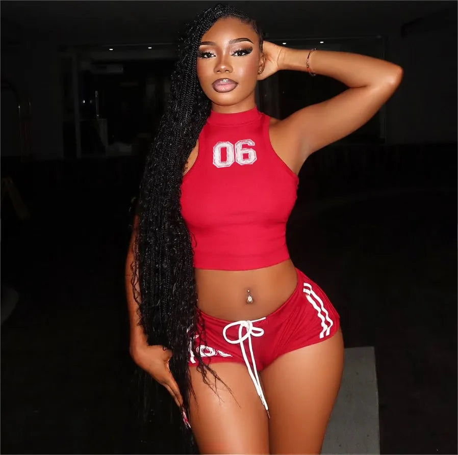 Women Fashion Sexy Letter Printed Tank Top Tight Shorts Two-Piece Set