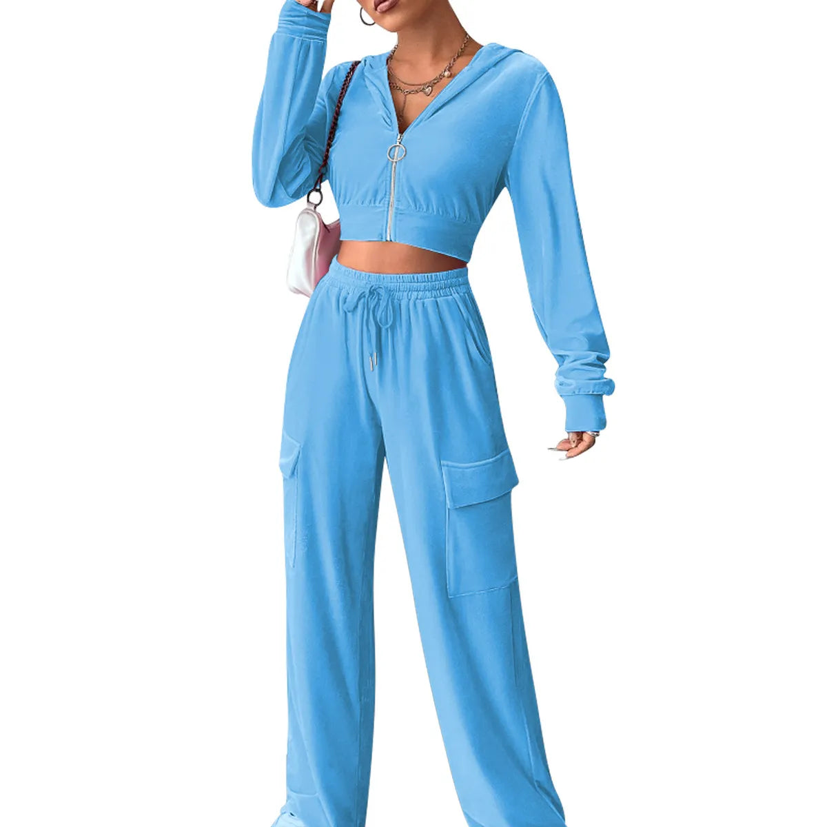 Women Casual Solid Color Long-Sleeved Zipper Top Drawstring Straight Pants Two-Piece Set