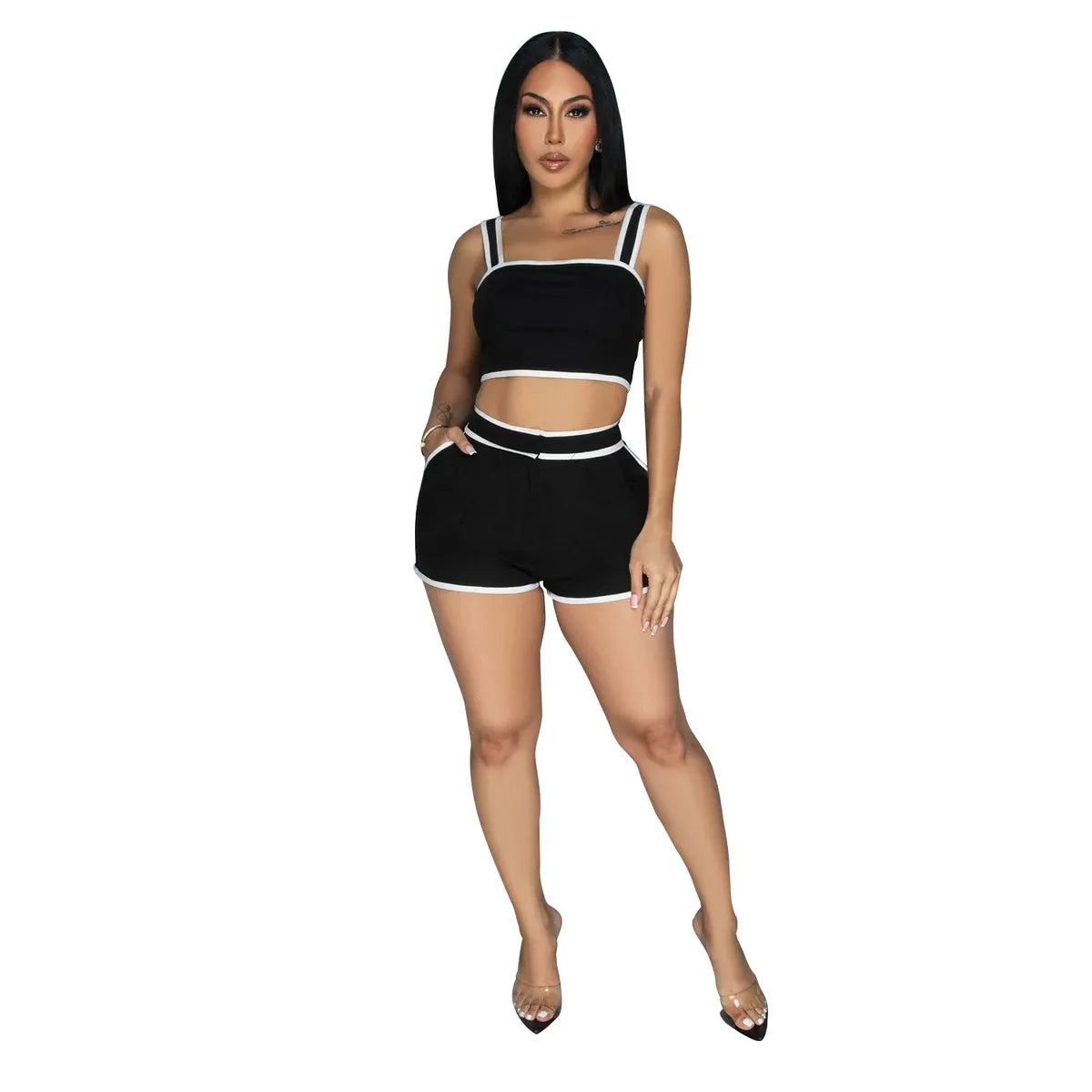Women Contrast Color Sling Crop Top Shorts Two-Piece Set