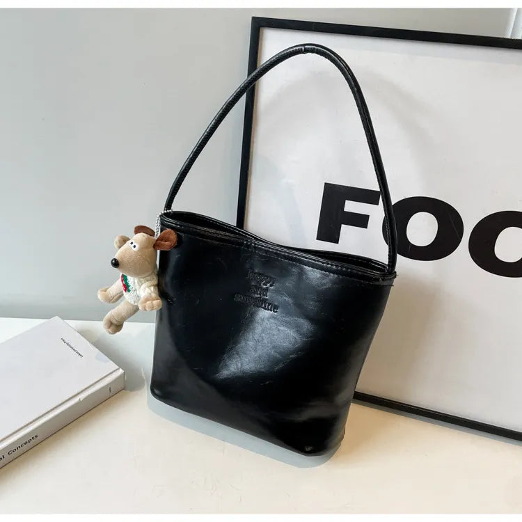 Women Fashion Casual Solid Color Pu Leather Bucket Shoulder Bag
