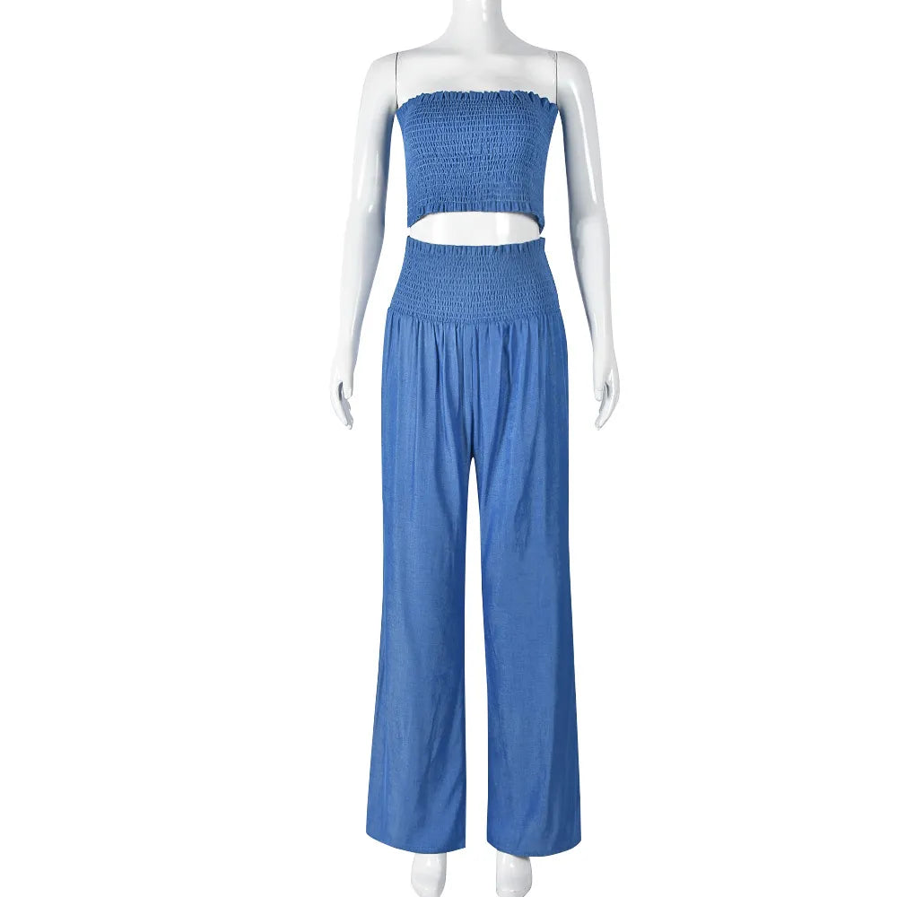 Sexy Women Wide-Leg Pants Crop Tube Top Two-Piece Set
