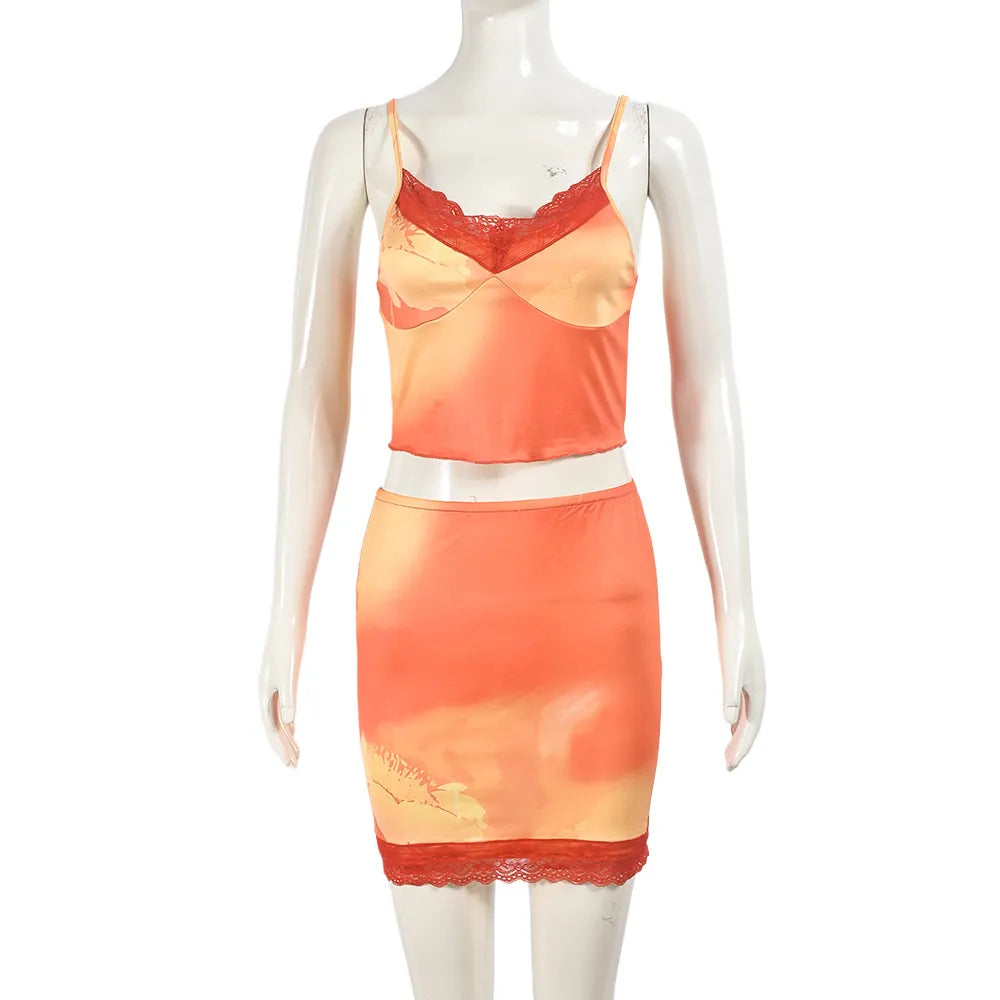 Sexy Women Lace Crop Camis Skirt Tie Dye Set