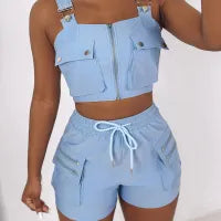 Women Fashion Sexy Solid Color Pockets Zipper Camisole Drawstring Shorts Two-Piece Set