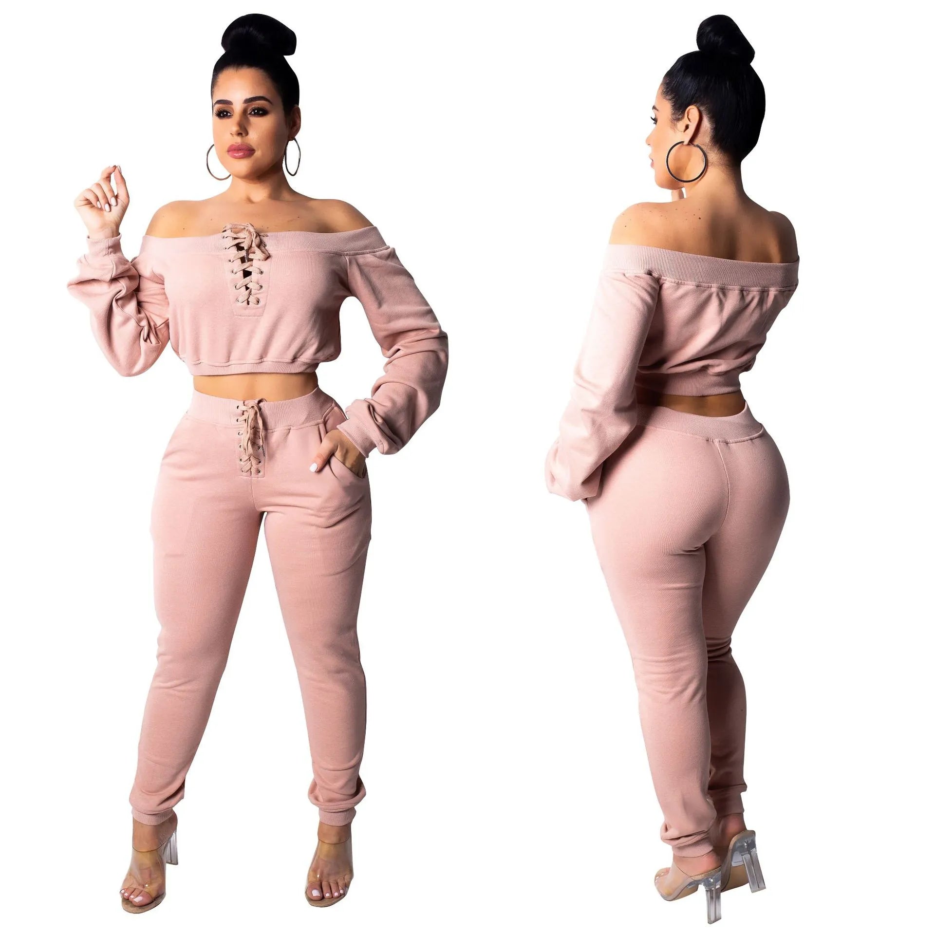Women Solid Color Long Sleeve Off-shoulder Lace-up Crop Top And Casual Pants Fashion Casual Two Pieces Sets