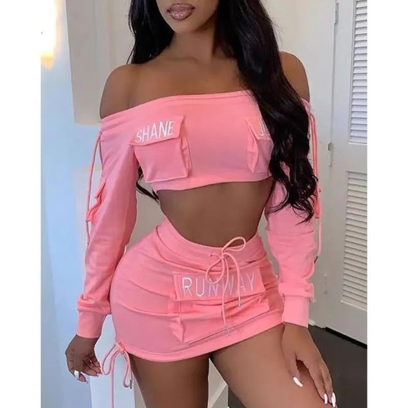Women Fashion Sexy Letter Print Off Shoulder Long Sleeve Crop Top Skirt Two-Piece Set