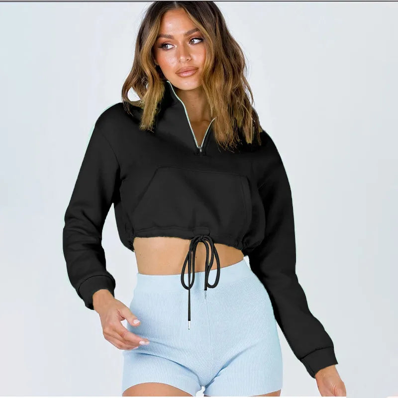 Women Fashion Casual Solid Color Zipper Turtle Neck Crop