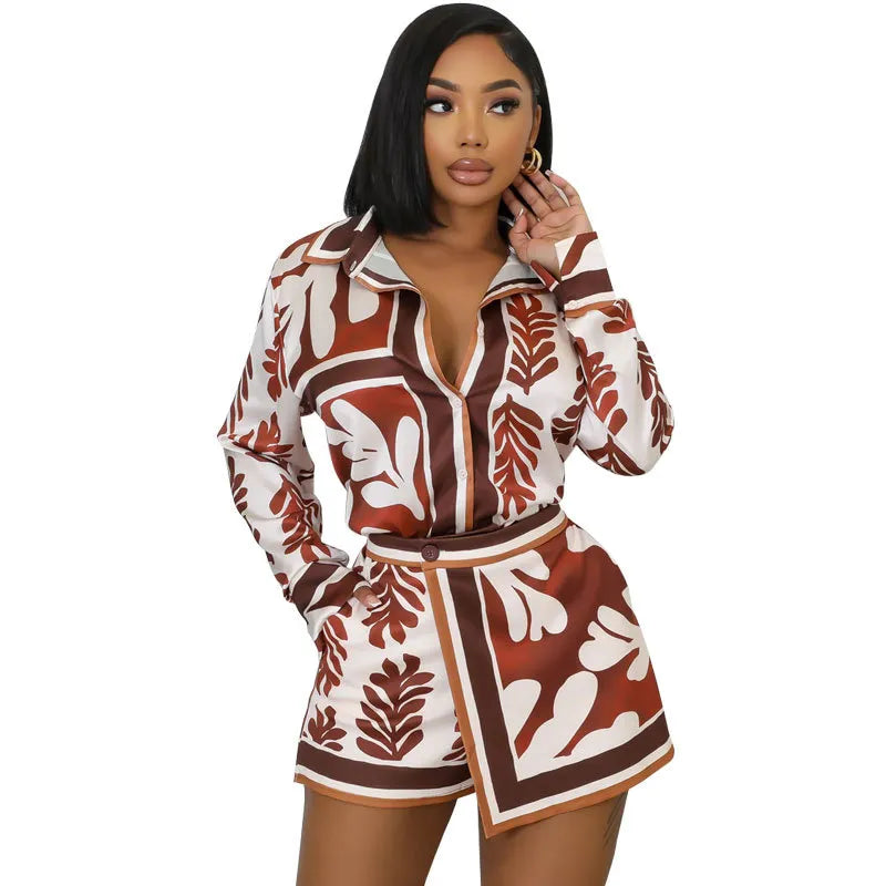omen Two-Piece Long-Sleeved Fashionable Casual Summer Leaf Printed Shirt Shorts Set