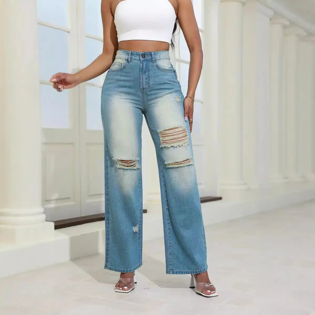 Simple High Waist Ripped Jeans