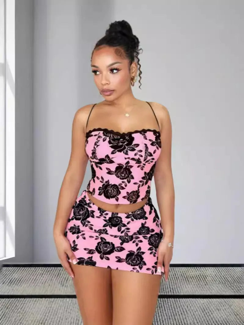 Women Fashion Sexy Rose Printed Lace Camisole Tight Skirt Two-Piece Set