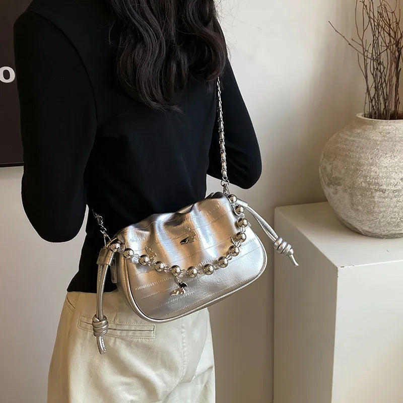 Women Fashion Elegant Solid Color Beaded Shoulder Bag