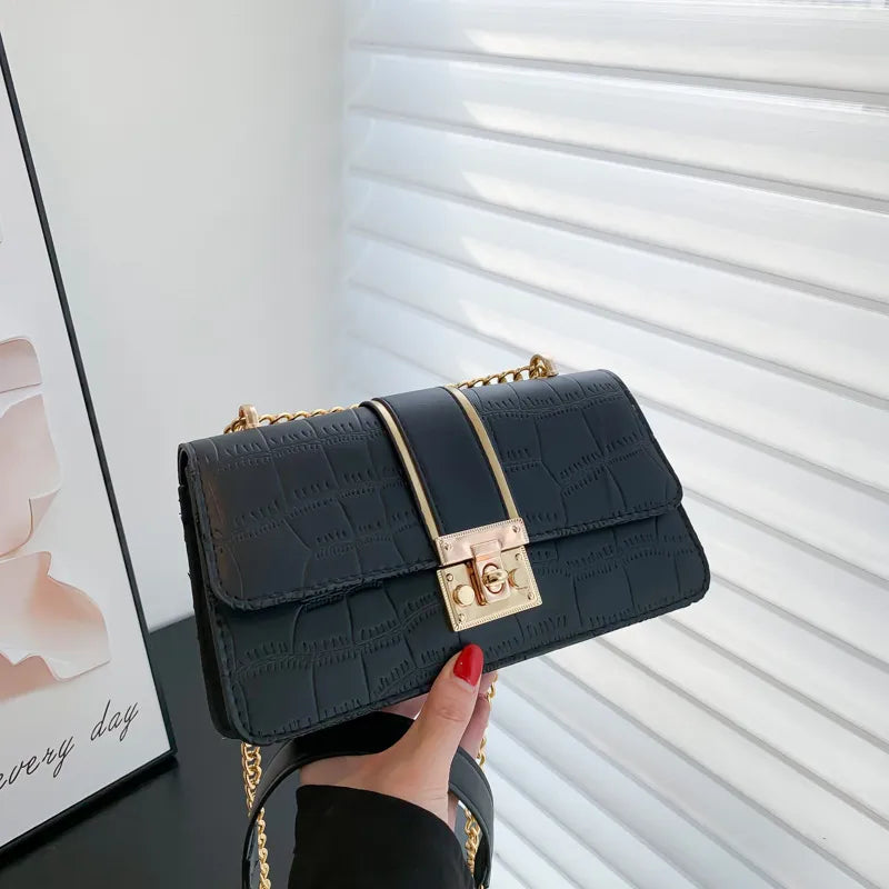 Women Fashion Simple Chain Stone Pattern Commuter Shoulder Bag