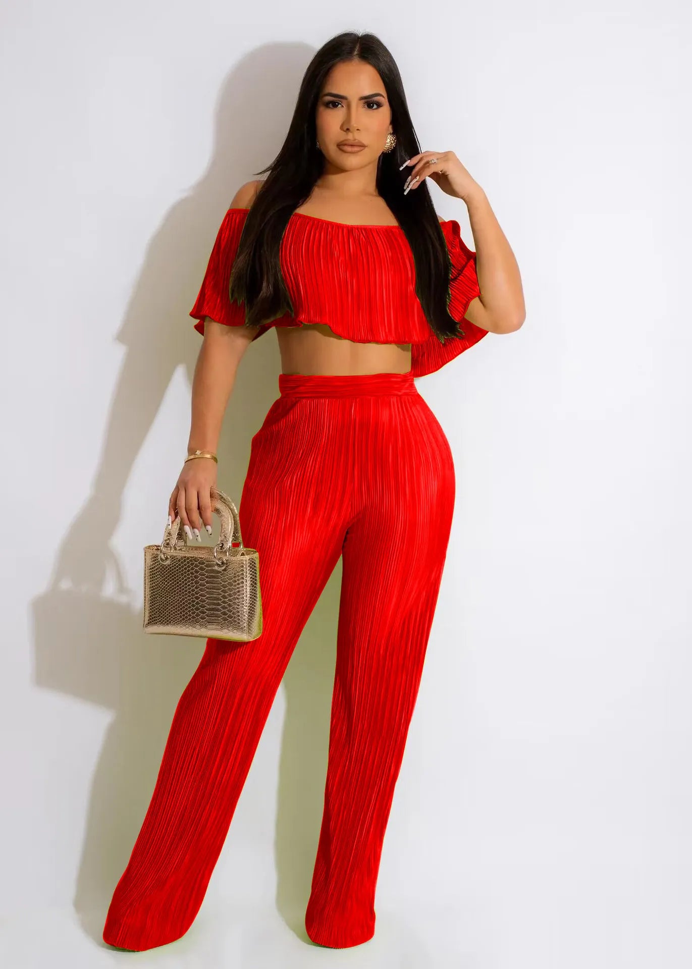Women Fashion Solid Color Short-Sleeved Off-Shoulder Crop Top Casual Pants Two-Piece Sets
