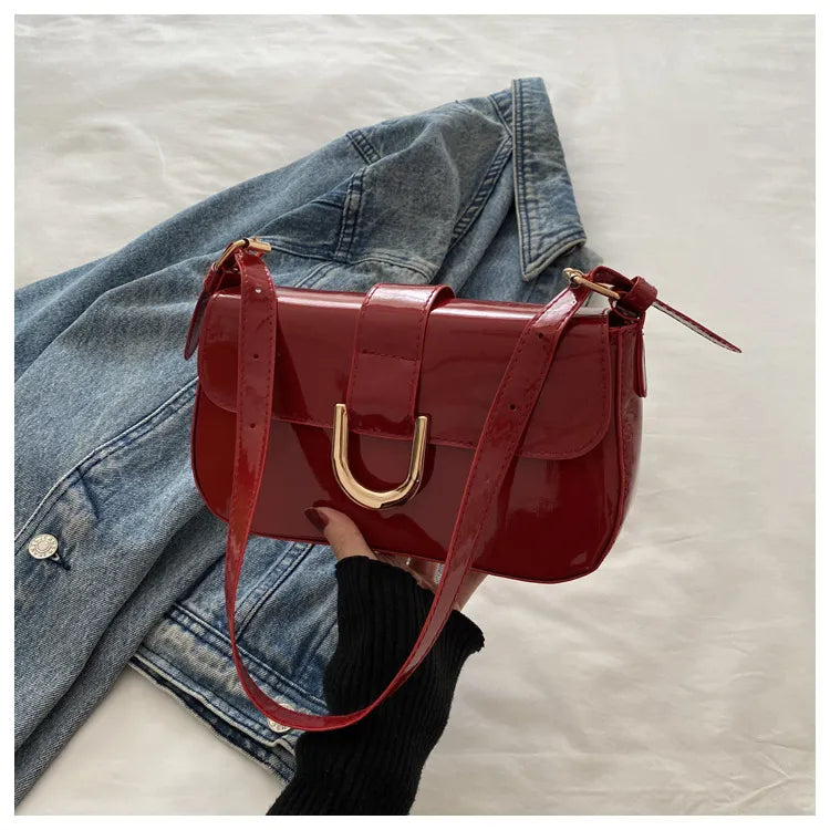 Women Fashion Retro Solid Color Bright Leather Shoulder Bag