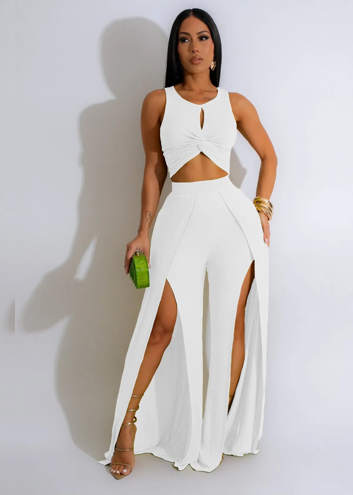 Women Fashion Casual Solid Color Sleeveless Crop Top Split Pants Two-Piece Set