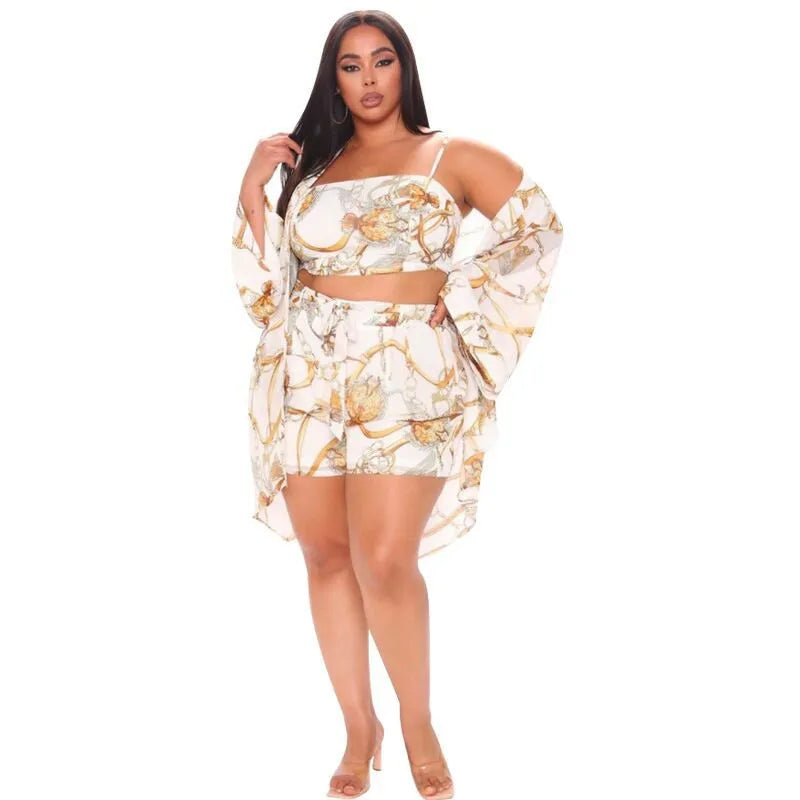 Women Sexy Casual Plus Size Printed Loose Camisole Shorts Coat Three-Piece Set