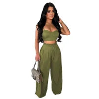 Women Fashion Sexy Solid Color Camisole Wide-Leg Pants Two-Piece Set