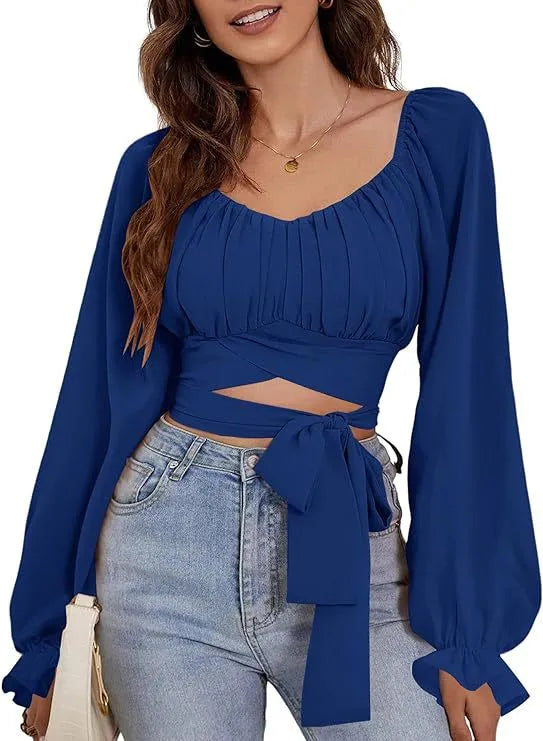 Women Fashion Solid Color Cross Lace-Up Long Sleeve Crop Top