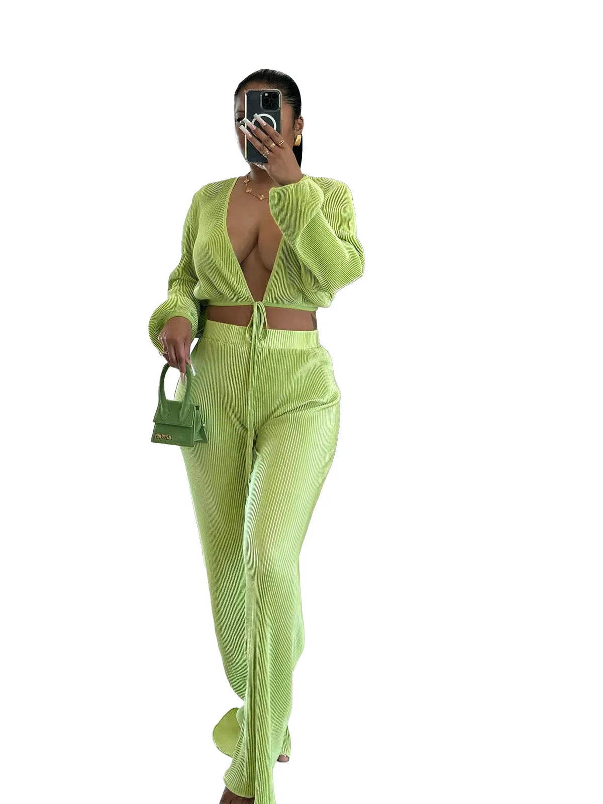 Women Fashion Sexy Deep V Strap Long Sleeve Top Pants Two-Piece Set