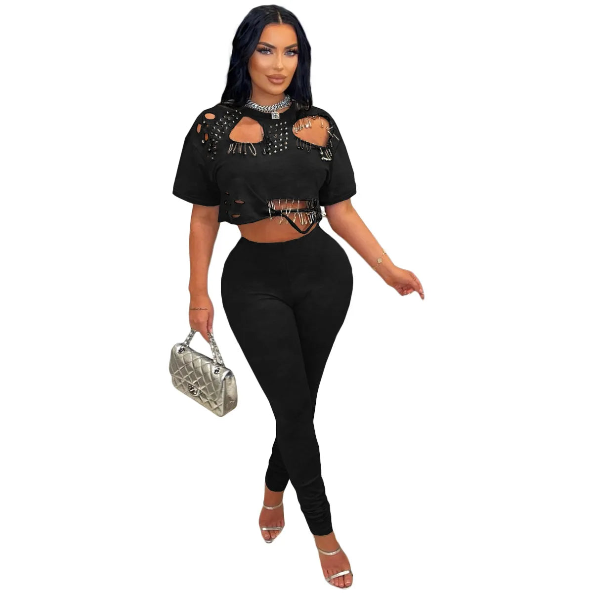 Women Fashion Creative Solid Color Round Neck Sleeve Tight Pants Two-Piece Set