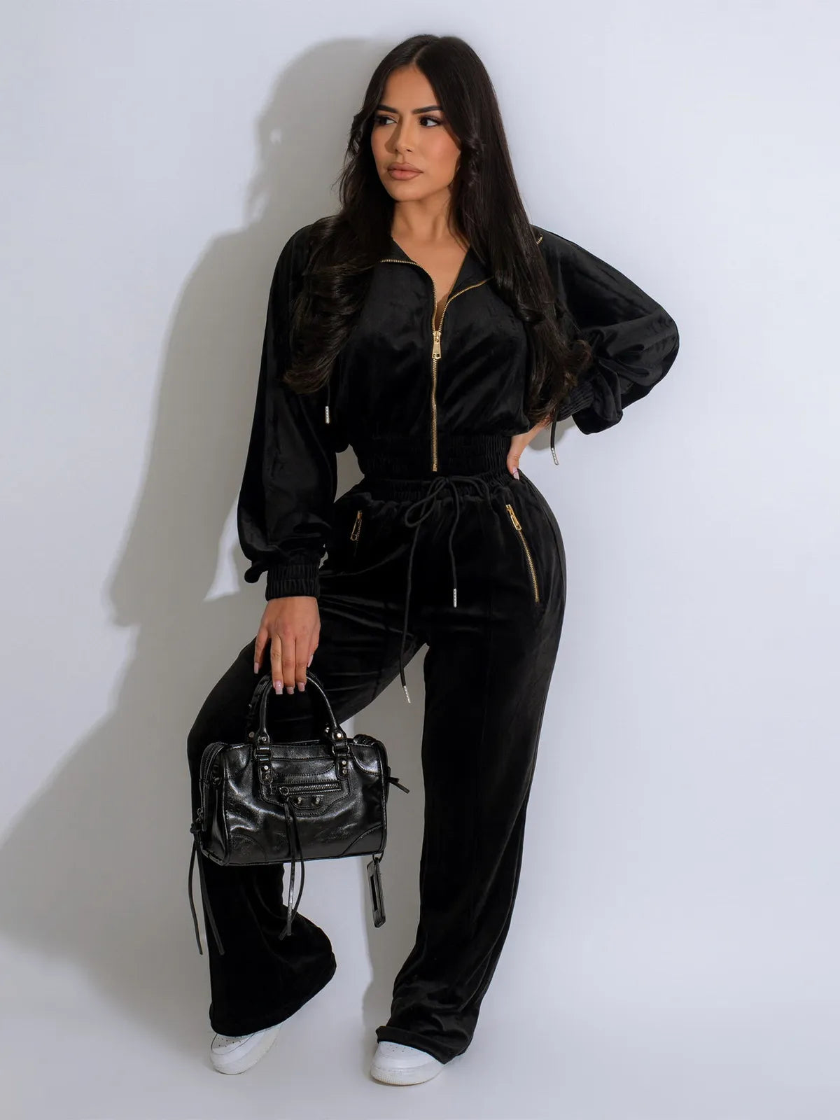 Women Fashion Solid Color Zipper Long Sleeve Top And Pants Two-Piece Set