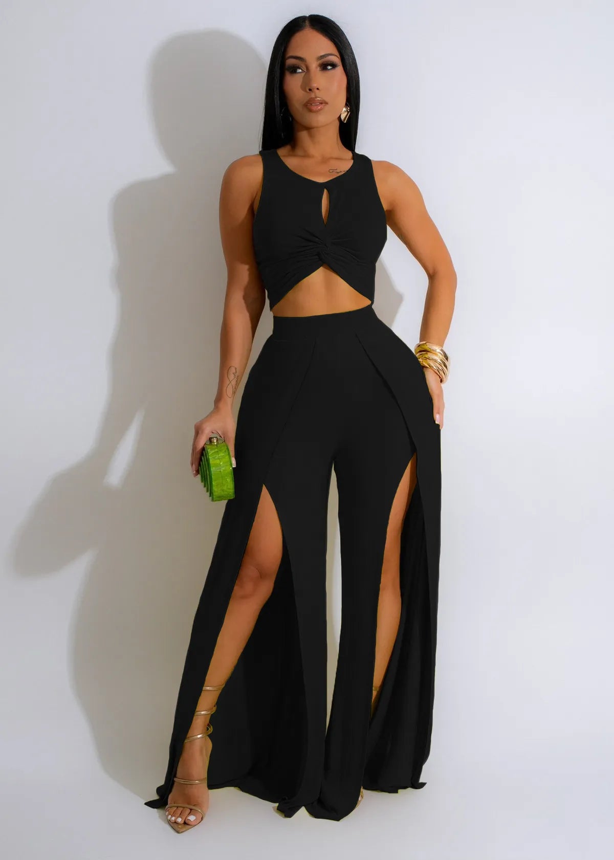 Women Fashion Casual Solid Color Sleeveless Crop Top Split Pants Two-Piece Set