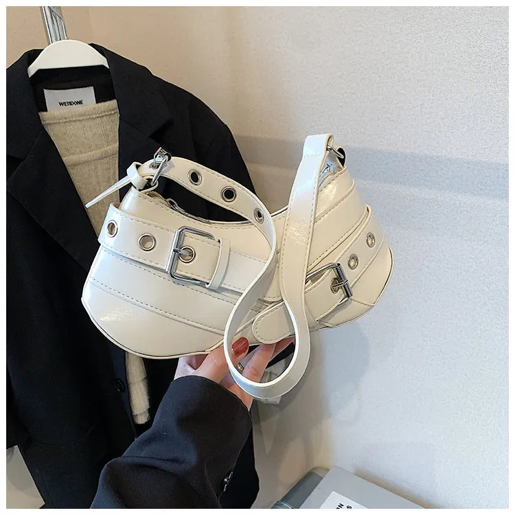 Women Fashion Casual Retro Solid Color Belt Baguette Shoulder Bag