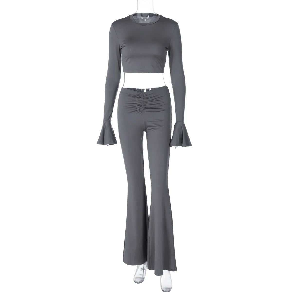 omen Fashion Solid Color Ruffled Long Sleeve Crop Top Pleated Slim Fit Pants Two-Piece Set
