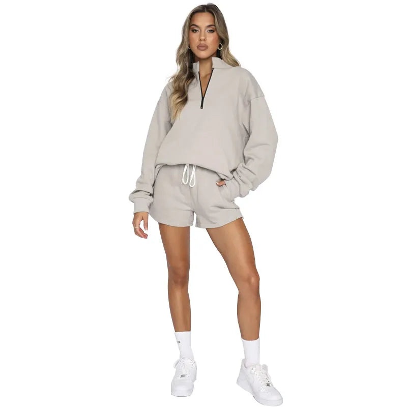 Women Casual Solid Color Stand Collar Half Zipper Long Sleeve Hoodie And Shorts Set