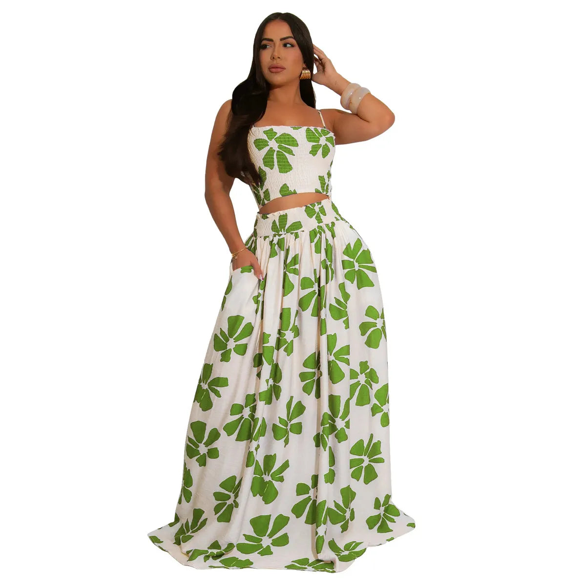Women Summer Bohemian Floral Print Halter Top And Skirt Two-Piece Set