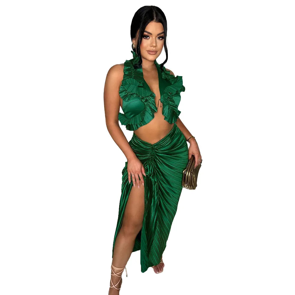 Women Fashion Sexy Solid Color Ruffled Sleeveless Halter-Neck Crop Top Split Skirt Two-Piece Set