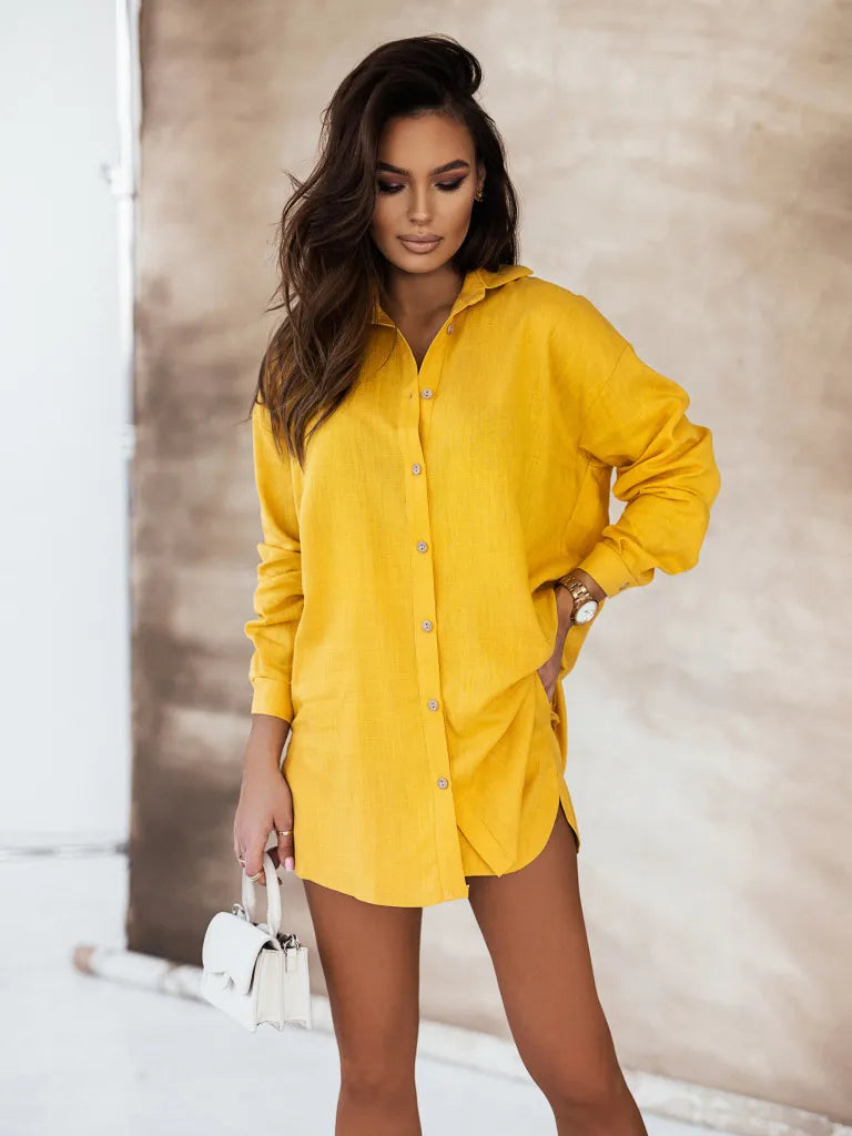 Women Fashion Casual Lapel Button Long Sleeve Shirt Shorts Two-Piece Set