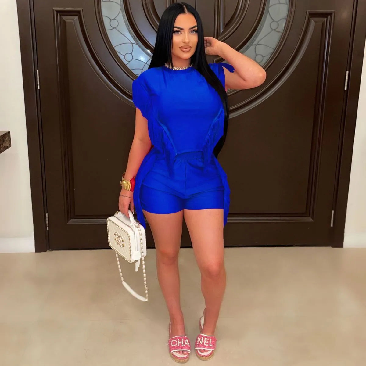 Women Fashion Solid Color Round Neck Tassel Short Sleeve Top Shorts Two-Piece Set