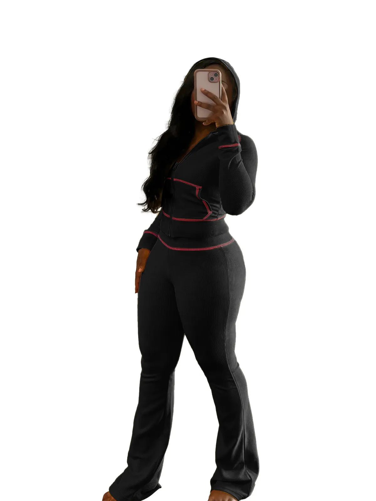 Women Fashion Casual Solid Color Long Sleeve Zipper Hooded Top Pants Two-Piece Set